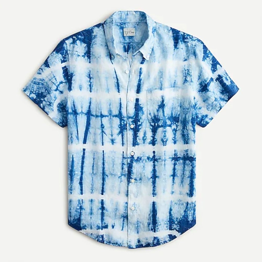 J Crew Slim short-sleeve linen shirt in tie-dye shibori blue